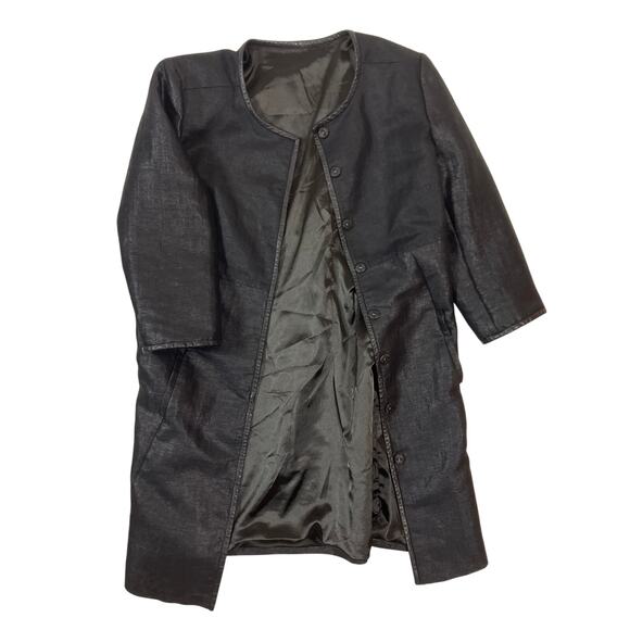 Elie Tahari Black Linen Blend Sheep Leather Trim Women’s Large Long Jacket - Picture 1 of 5